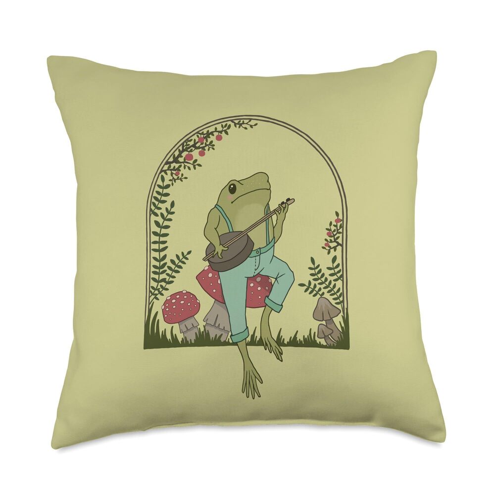 4044 Cottagecore Aesthetic Frog Playing Banjo on Mushroom Cute Throw Pillow